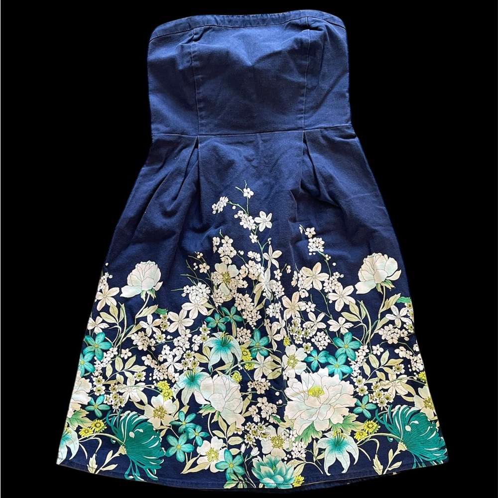 Navy blue floral strapless dress